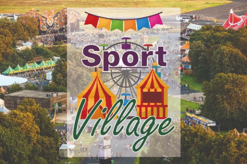 SportVillage Logo met festivalterrein op de achtergrond
